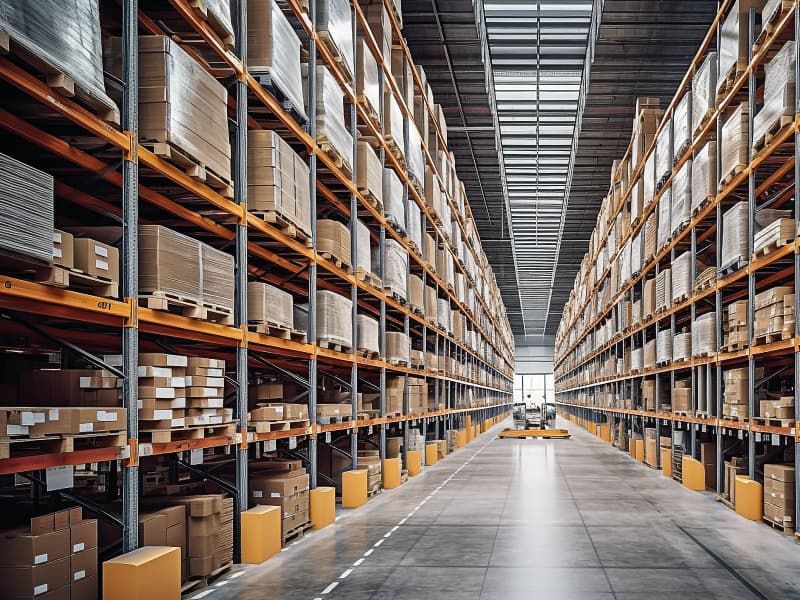 Vue intérieure de l'entrepôt OneOff avec ses rayonnages de stockage